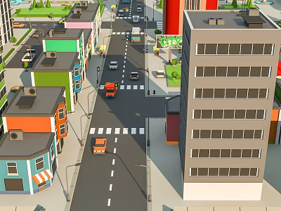 Cartoon City Street Scene With Colorful Buildings Cars And Street Lights 3d model