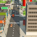 Cartoon City Street Scene With Colorful Buildings Cars And Street Lights