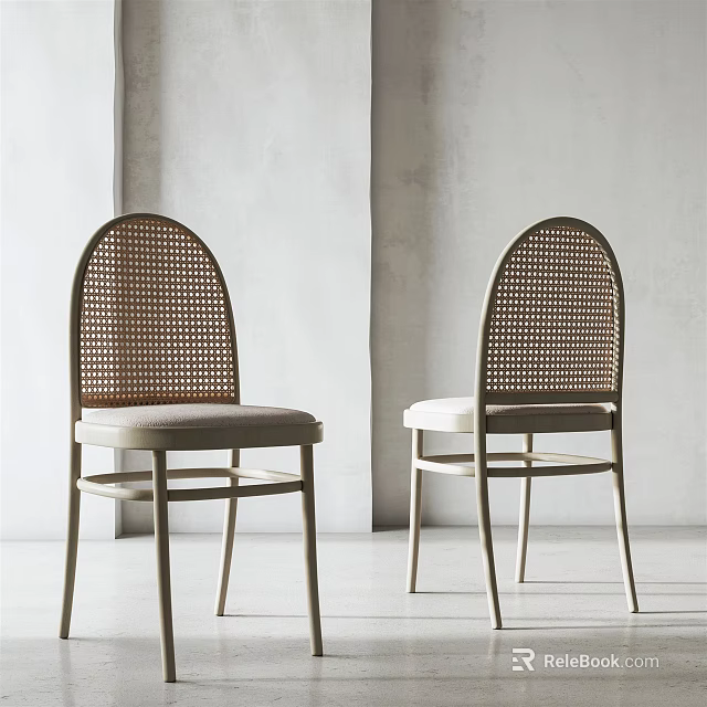 Modern Dining Chairs With Woven Backrest And Light Colored Seat Cushion In Minimalist Interior 3d model 