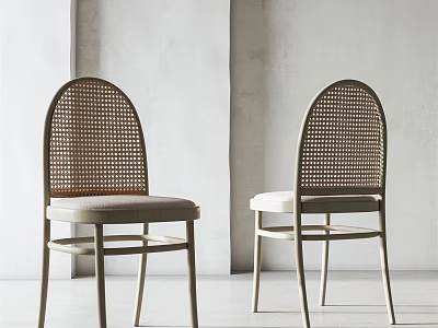 Modern Dining Chairs With Woven Backrest And Light Colored Seat Cushion In Minimalist Interior 3d model