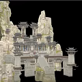 Ancient Chinese Architecture With Traditional Roof Structures And Multi Tiered Pavilions Against Rocky Mountains