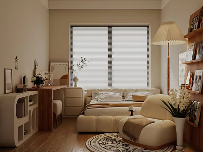 Cozy Beige Bedroom Interior With King Bed Floor Lamp Desk Bookshelf And Rug Blinds 3d model
