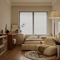 Cozy Beige Bedroom Interior With King Bed Floor Lamp Desk Bookshelf And Rug Blinds