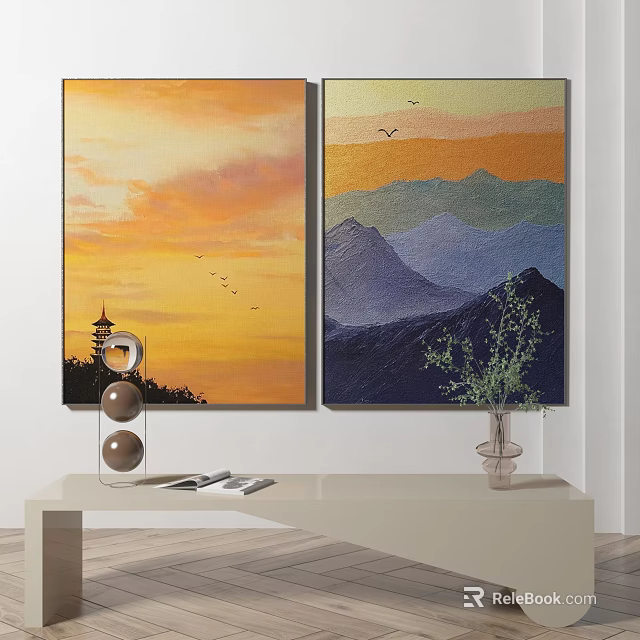 Interior Decor Featuring Sunset Mountain Paintings And Table Ornaments Vase Plants 3d model