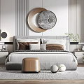 Modern Bedroom Interior With Circular Wall Art Bed Nightstands Potted Plant And Neutral Rug