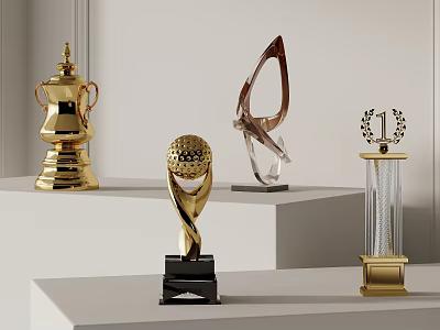 Gold And Crystal Trophies With Unique Designs And Black Bases On 3d model