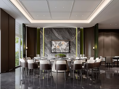 Elegant Private Dining Room Interior With Marble Wall Round Table And Chairs 3d model