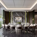 Elegant Private Dining Room Interior With Marble Wall Round Table And Chairs