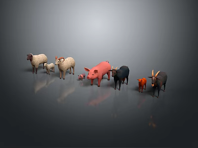 Group of Various Farm Animals Including Sheep Pig Cow and Toy Models on Gray Background 3d model