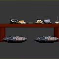 Traditional Assorted Food Dishes On Red Low Table With Blue Floral Cushions