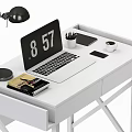 Modern White Desk With Laptop Desk Lamp Stationery Gray Chair And Yellow Cushion