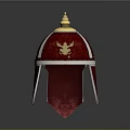 Medieval Knight Red Velvet Hat Featuring Golden Eagle Emblem White Trim And Tassels