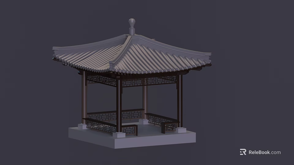 Ancient Chinese Traditional Pavilion with Classic Tiled Roof Wooden Columns and Intricate Lattice Carvings 3d model 
