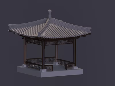 Ancient Chinese Traditional Pavilion with Classic Tiled Roof Wooden Columns and Intricate Lattice Carvings 3d model