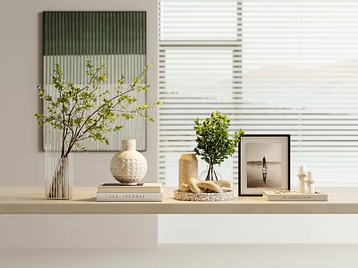 Modern Decorative Ornament Set With Green Branches White Vase Picture Frame And Books On Shelf 3d model