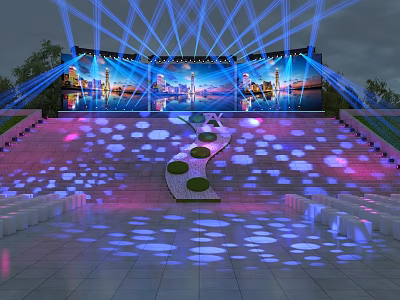 Outdoor Night Event Stage With Colorful Lighting Projection Decorative Path And Steps 3d model