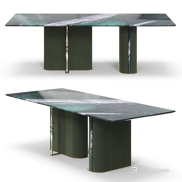 Modern Green Dining Table With Marble Top And Metal Accent Legs 3d model 