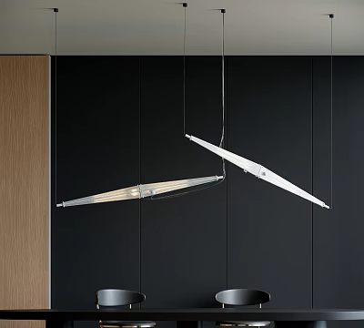 Modern Sleek Geometric Pendant Lights Hanging Over Dark Wall With Wooden Panel And Black Chairs 3d model