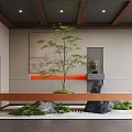 Japanese Indoor Landscape With Wooden Beams Green Plants Stones And LED Strip Lights