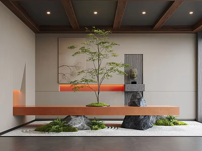 Japanese Indoor Landscape With Wooden Beams Green Plants Stones And LED Strip Lights 3d model
