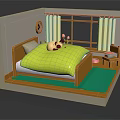 Cartoon Bedroom Scene With Yellow Quilt Panda Doll Small Table And Flowers