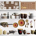 Traditional Chinese Decorative Ornament Set with Vintage Pottery Jars Stone Mills and Wooden Farming Tools