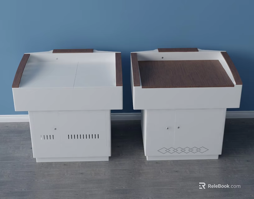 Two Modern White Functional Tables with Brown Tops and Cabinet Storage Units 3d model 