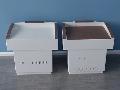 Two Modern White Functional Tables with Brown Tops and Cabinet Storage Units 3d model