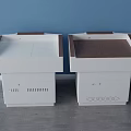 Two Modern White Functional Tables with Brown Tops and Cabinet Storage Units