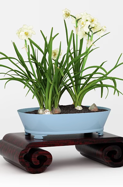 Traditional Wooden Flower Stand With Curved Legs Holding Blue Ceramic Pot And White Flowers 3d model
