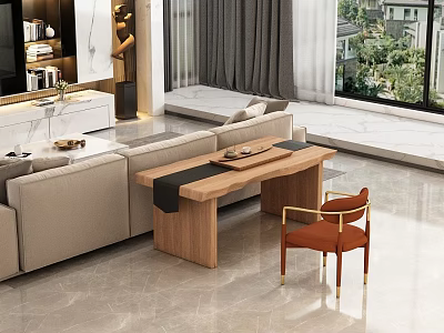 Stylish Wooden Table And Orange Chair Set With Metal Legs In Modern Living Room 3d model