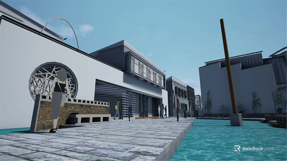 Modern Commercial Street Waterfront Pedestrian Walkway With Contemporary Architecture And Storefronts 3d model 