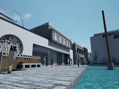 Modern Commercial Street Waterfront Pedestrian Walkway With Contemporary Architecture And Storefronts 3d model