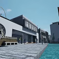 Modern Commercial Street Waterfront Pedestrian Walkway With Contemporary Architecture And Storefronts