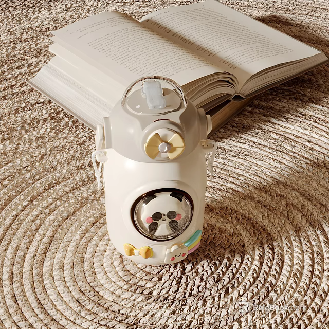 Cute Panda Design White And Gray Cup With Fan Beside Open Book On Woven Mat 3d model 