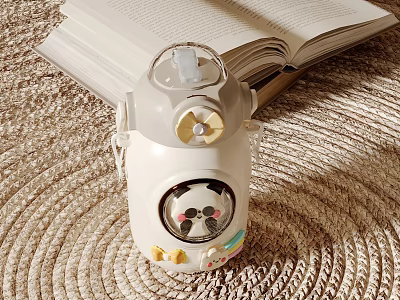 Cute Panda Design White And Gray Cup With Fan Beside Open Book On Woven Mat 3d model