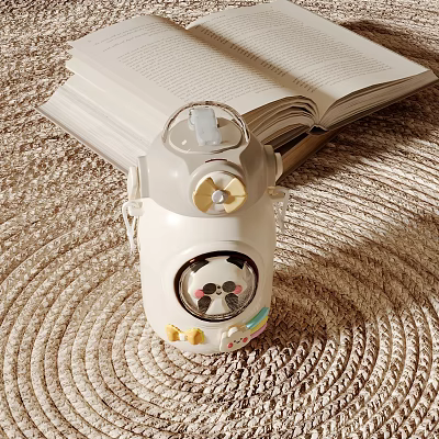 Cute Panda Design White And Gray Cup With Fan Beside Open Book On Woven Mat 3d model
