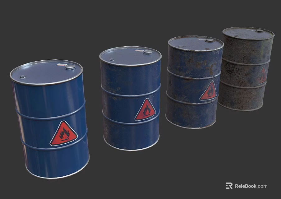 Set of Blue Oil Drums Featuring Red Warning Signs And Rusty Surfaces 3d model 