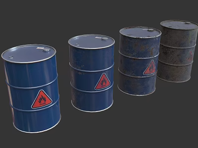 Set of Blue Oil Drums Featuring Red Warning Signs And Rusty Surfaces 3d model
