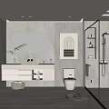 Modern Bathroom Interior Design With White Vanity Mirror Potted Plant And Glass Shower Partition