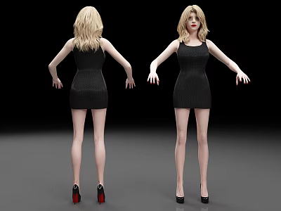 Blonde Women in Black Dresses with High Heels Back and Front Views on Black Background 3d model