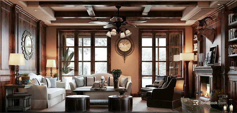 Living Dining Room Interior Design With Ceiling Fan Wall Clock Large Windows Sofa Armchair Coffee Table 3d model 