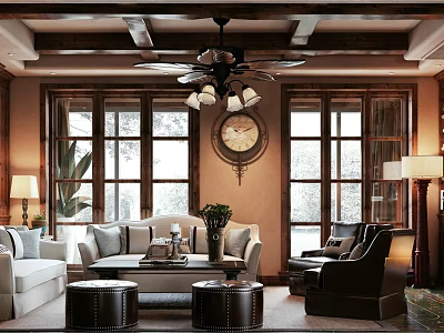 Living Dining Room Interior Design With Ceiling Fan Wall Clock Large Windows Sofa Armchair Coffee Table 3d model