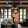 Living Dining Room Interior Design With Ceiling Fan Wall Clock Large Windows Sofa Armchair Coffee Table