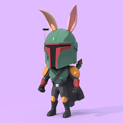 Cute Cartoon Game Movie Character Wearing Green Mandalorian Helmet Rabbit Ears Black Orange Armor Cloak 3d model