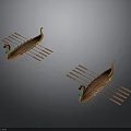 Two Traditional Wooden Decorative Watercraft With Multiple Oars And Ornate Details