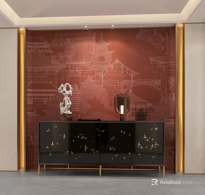 Black Console Table with Golden Bird Decorations and Red Background Wall White Ancient Building Patterns 3d model