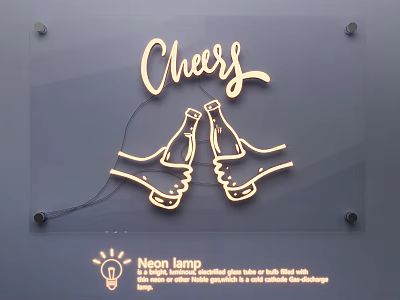 Neon Light Fixture Set with Cheers Lettering and Clinking Beer Bottle for Home Bar 3d model