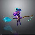 Witch Character With Purple Hair Blue Hat Riding Broomstick And Glowing Elements