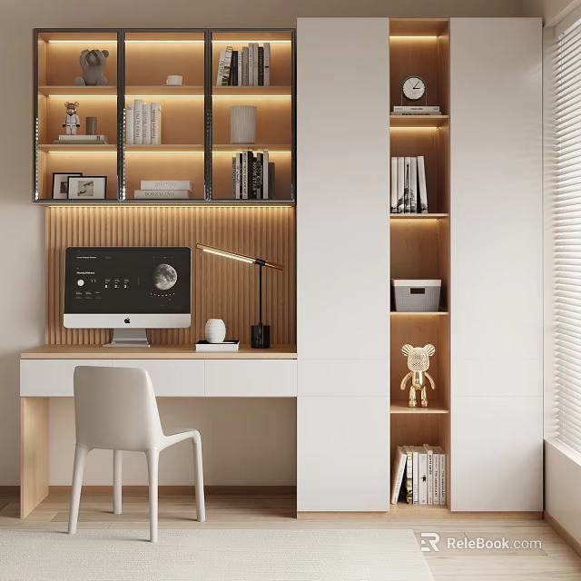 Modern Minimalist Desk Setup With Bookshelves Table Lamp Computer And White Chair 3d model 